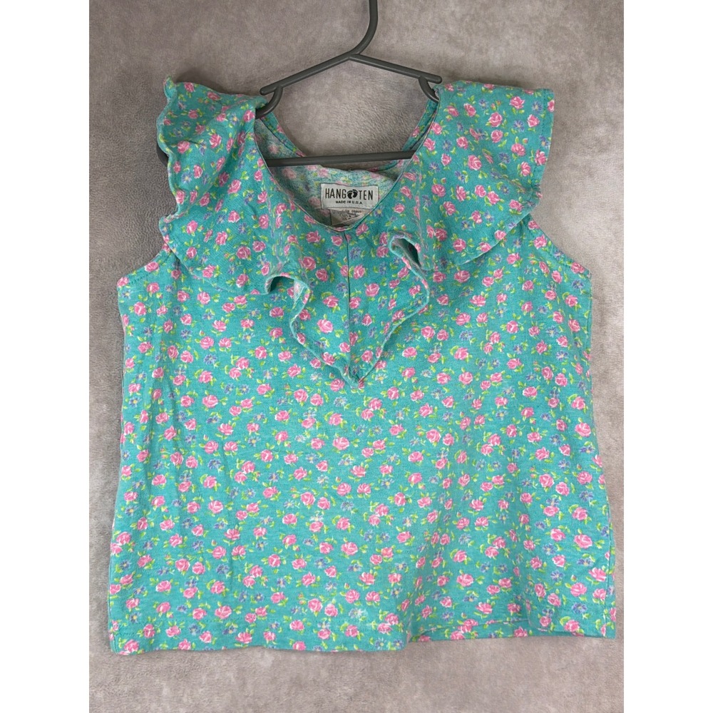 Vintage 90s Hang Ten Tank Top Girls Small Teal Floral Ruffle V-Neck Made in USA